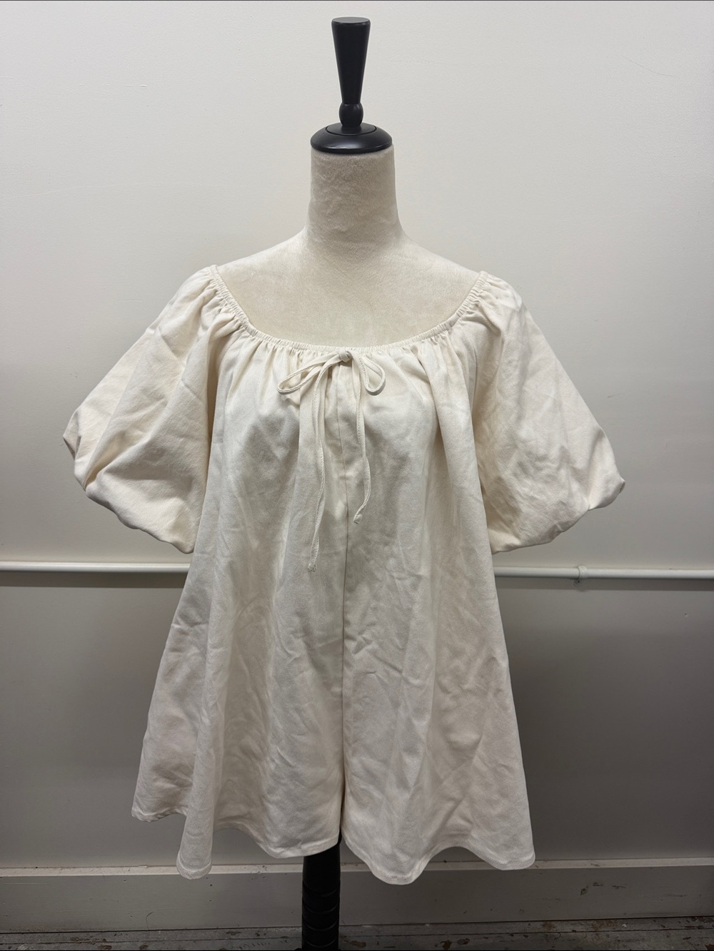 NWT, Klesis Babydoll Cream Peasant Romper with Tie Neck